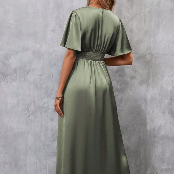 Army Green Preppy Womens Plunging Neck Butterfly Sleeve Split Thigh Satin Dre… - Picture 2 of 4